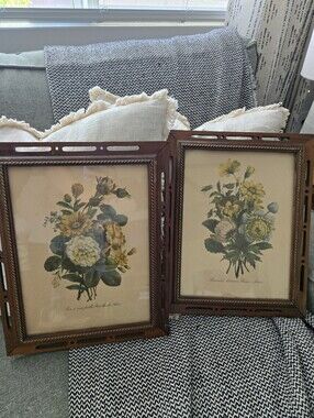 Antique Floral Botanical Wall Art Prints in Brown Frame - Set of 2